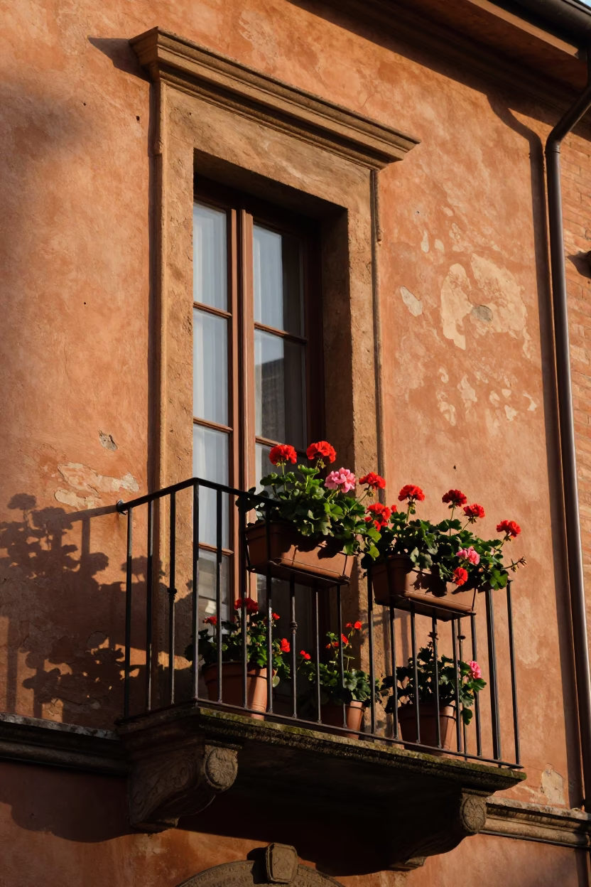 Potted Geraniums in Bologna at The Late Afternoon Light in in Bologna, Italy