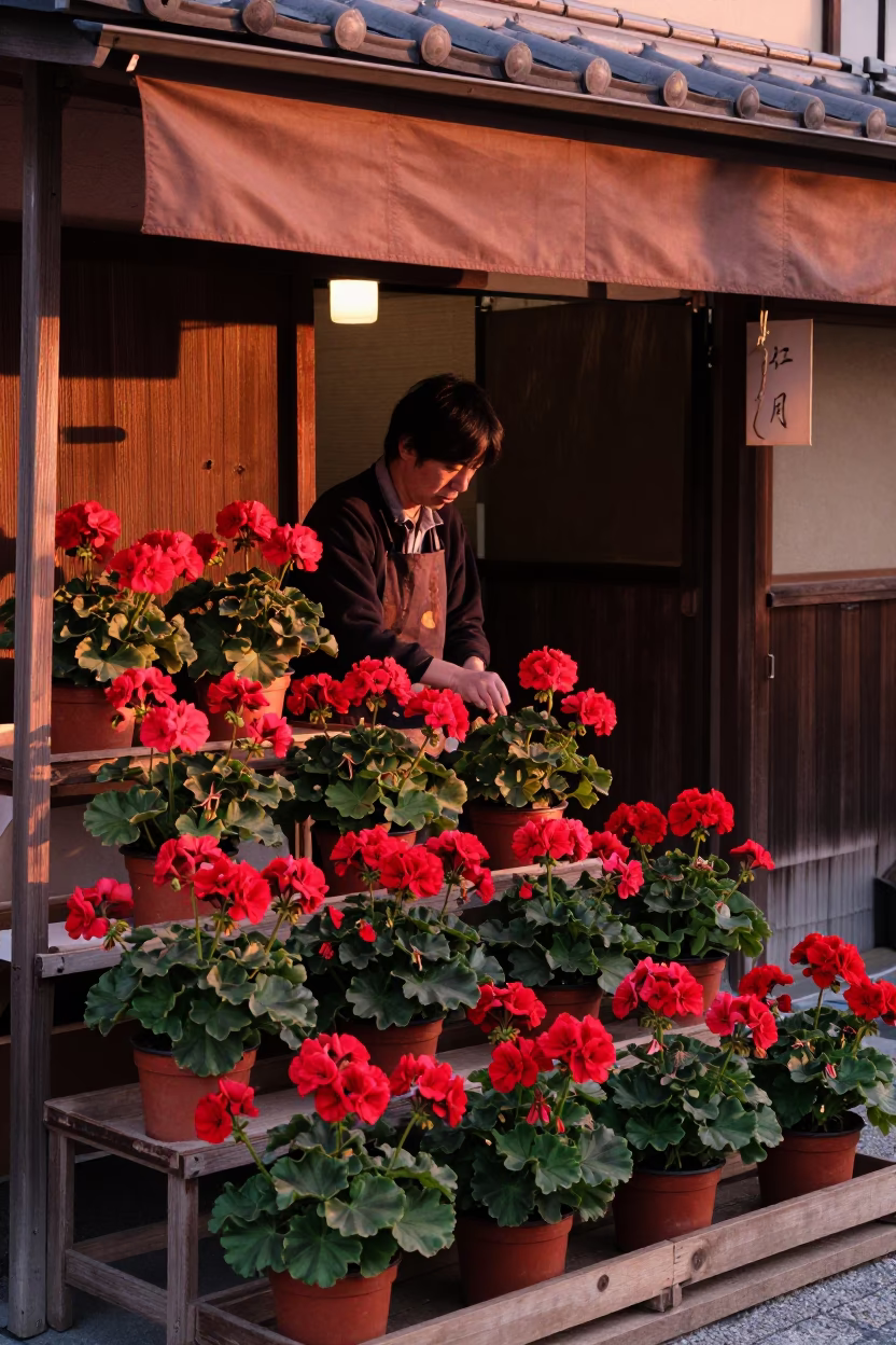Potted Geraniums in Kyoto at Copper-toned Light Before Dusk in in Kyoto, Japan