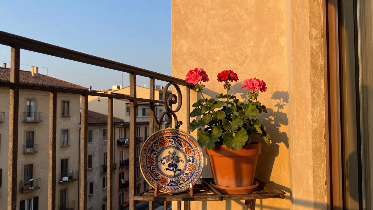 Potted Geraniums in Milan at Honeyed Evening Light in in Milan, Italy