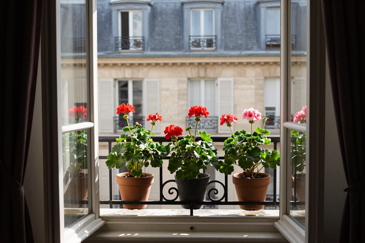 Potted Geraniums in Paris at As First Light Reaches The Scene in in Paris, France