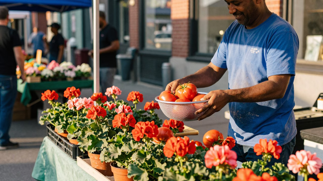 Potted Geraniums in Toronto at The Early Afternoon Light in in Toronto, Ontario, Canada
