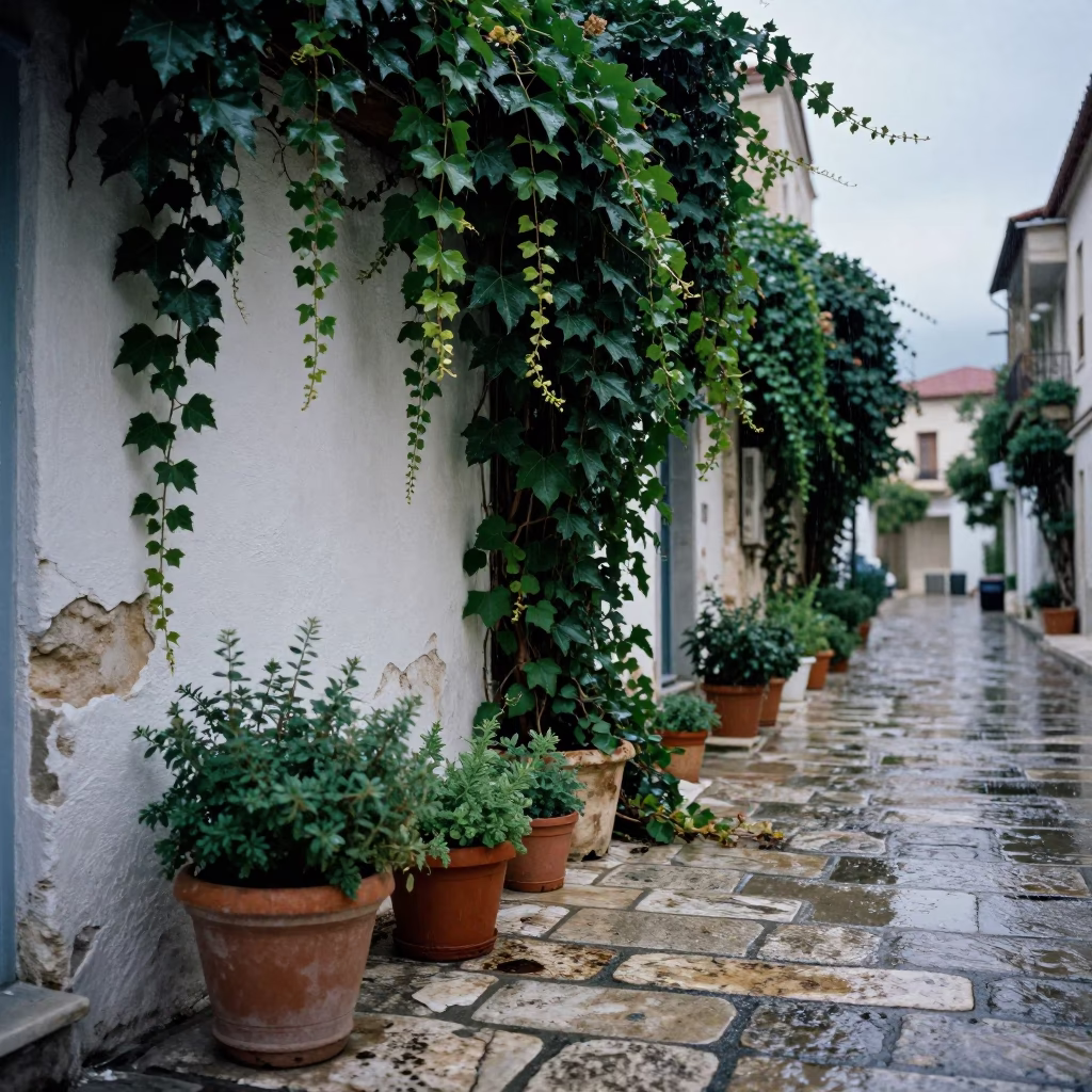 Potted Herbs in Athens at Dusk Light in in Athens, Greece