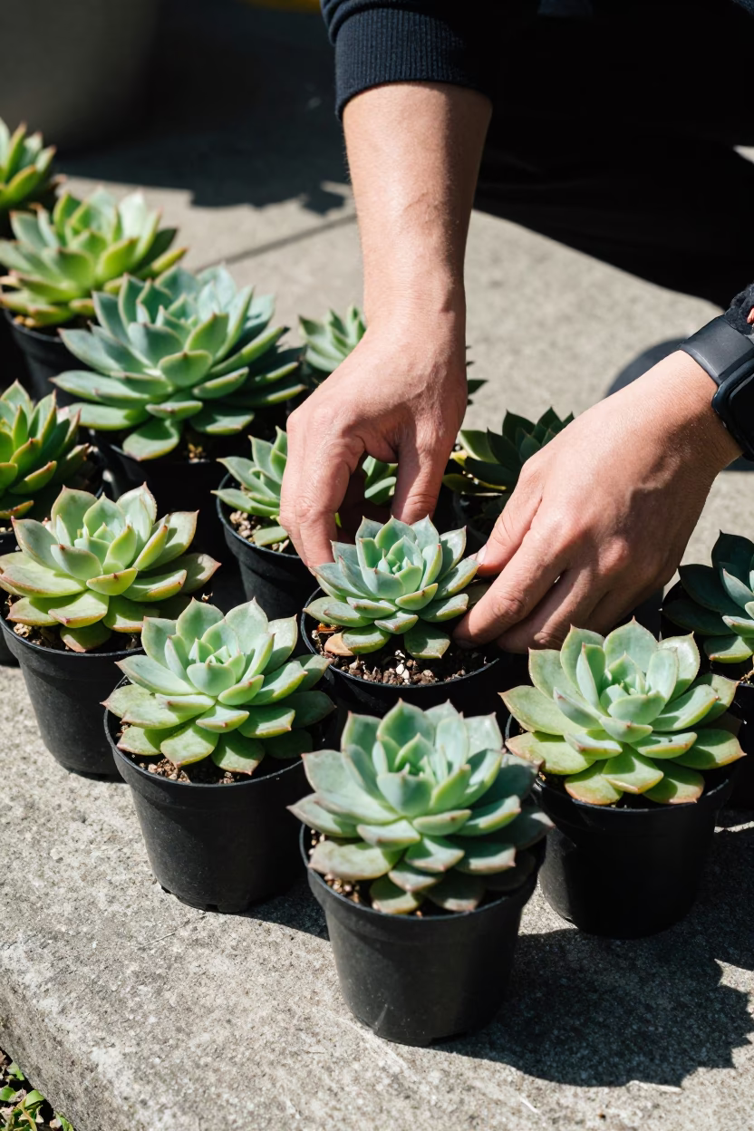 Potted Succulents at Late Morning Light in Vancouver in in Vancouver, British Columbia, Canada
