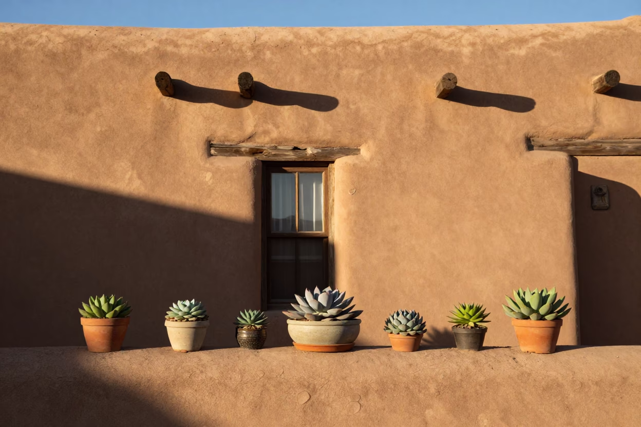 Potted Succulents in Santa Fe at As First Light Reaches The Scene in in Santa Fe, New Mexico, United States