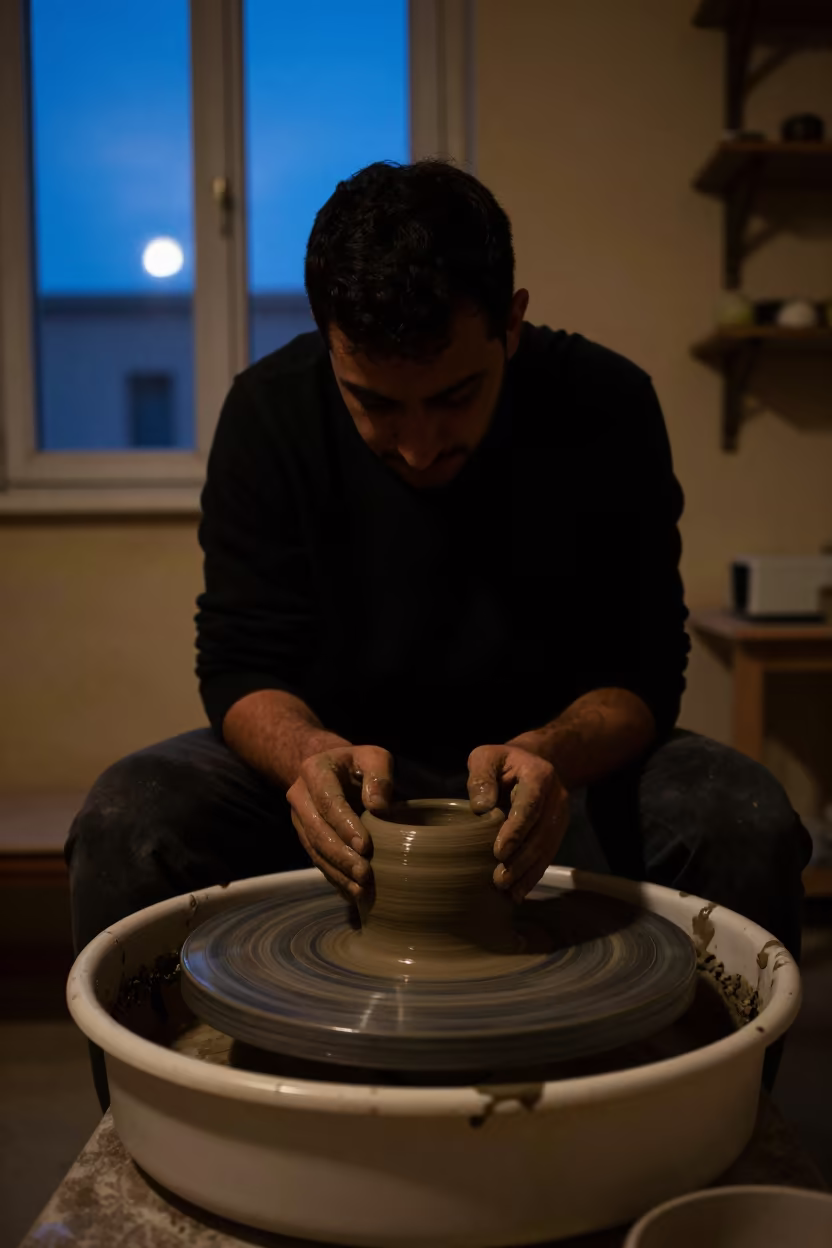 Potter Centering Clay in El Mahalla El Kubra in in an atelier in El Mahalla El Kubra