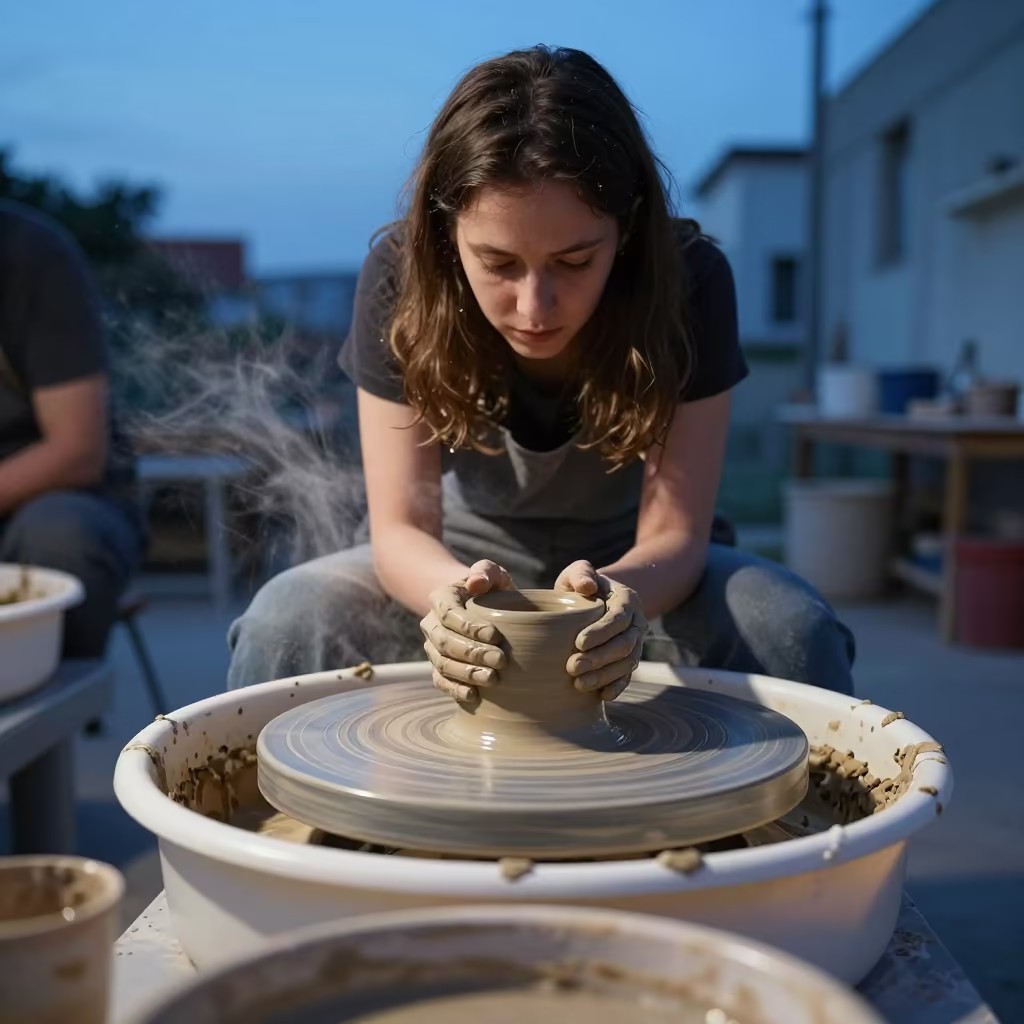 Potter Centering Clay in Lima Workshop in in a workshop in Surquillo Market, Lima