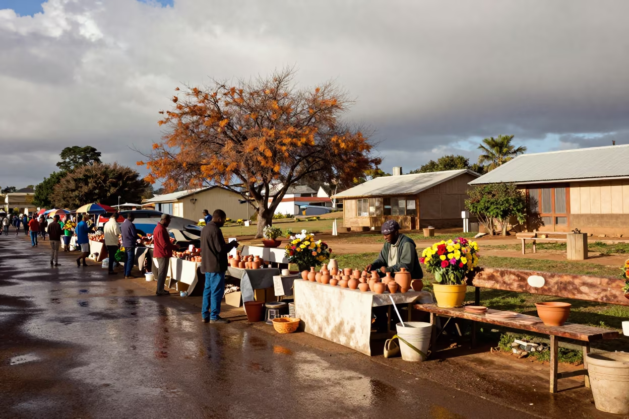 Potter at Durban Flower Auction Market in at a flower auction bench in Durban