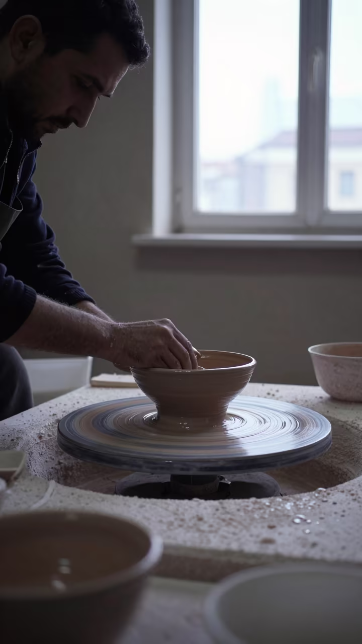 Potter Glazing Bowl in Aksaray Kiln Room in in a rehearsal room in Aksaray