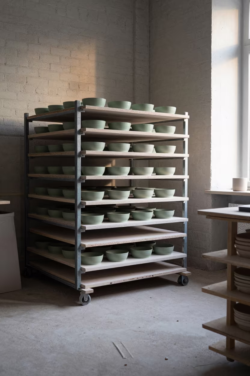 Potter Loading Greenware Into Kiln at Dawn in in a studio in Lubeck