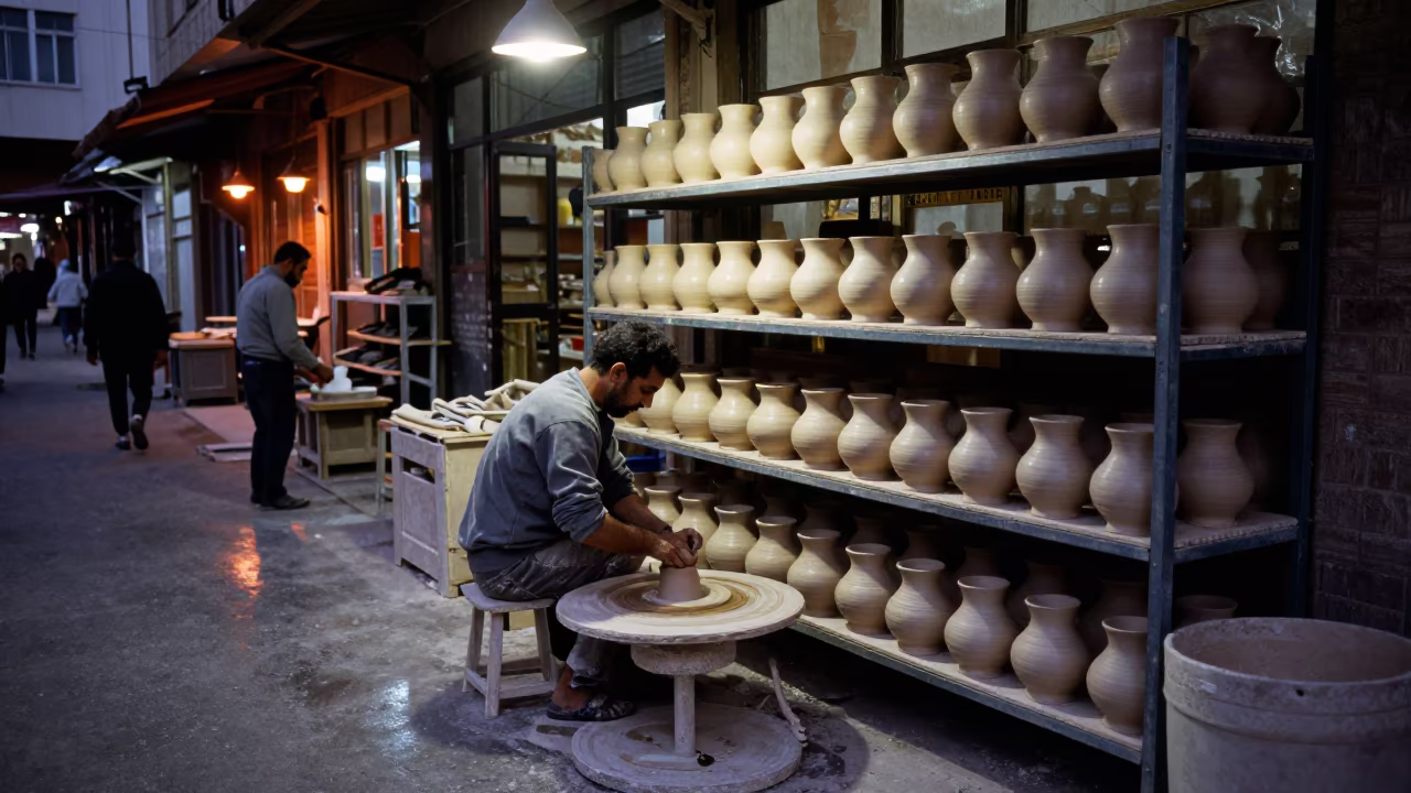 Potter Loading Greenware Kiln Adana Market Hall in in a market hall in Adana