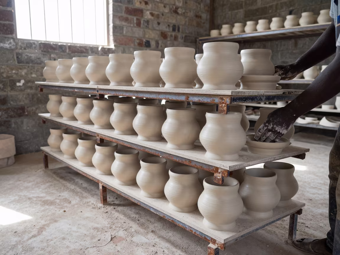 Potter Loading Greenware Kiln Dar es Salaam Noon in in a foundry in Dar es Salaam