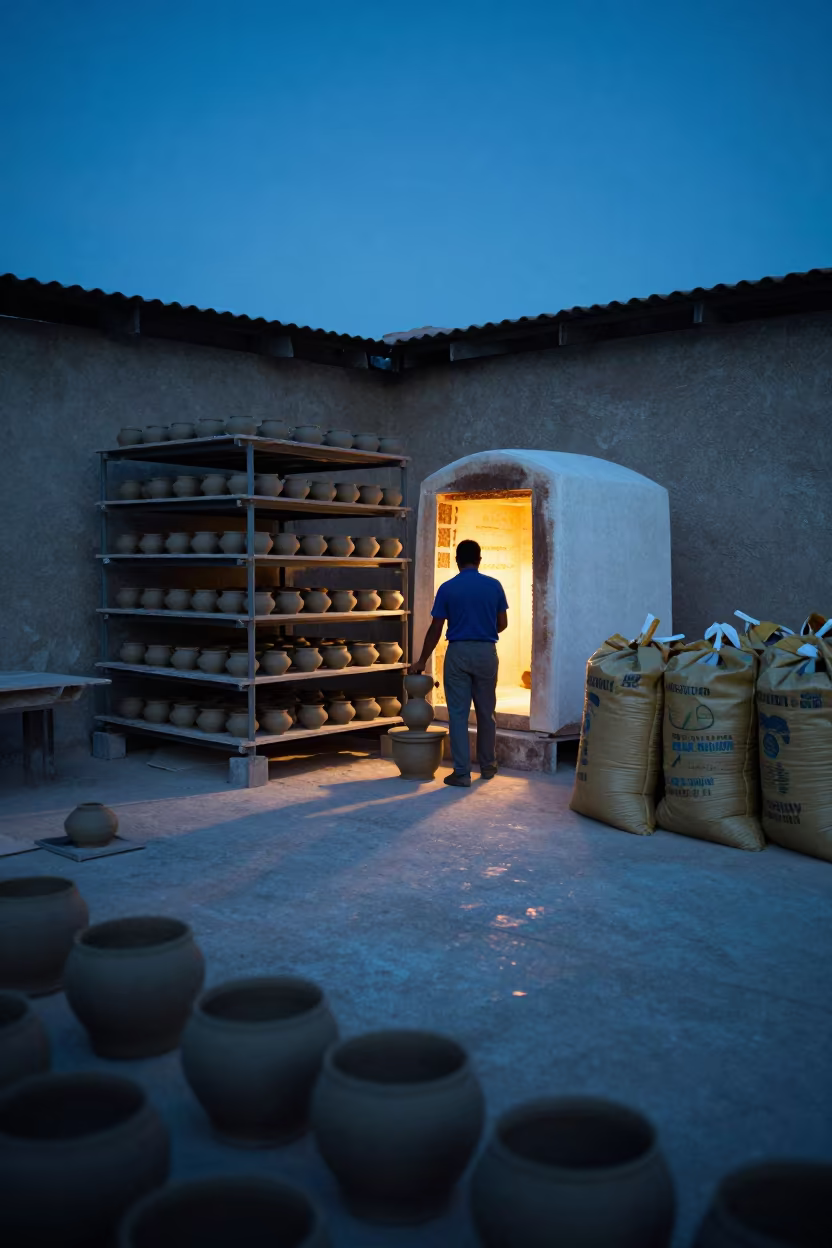 Potter Loading Greenware Kiln Trujillo Twilight in in a workshop in Trujillo
