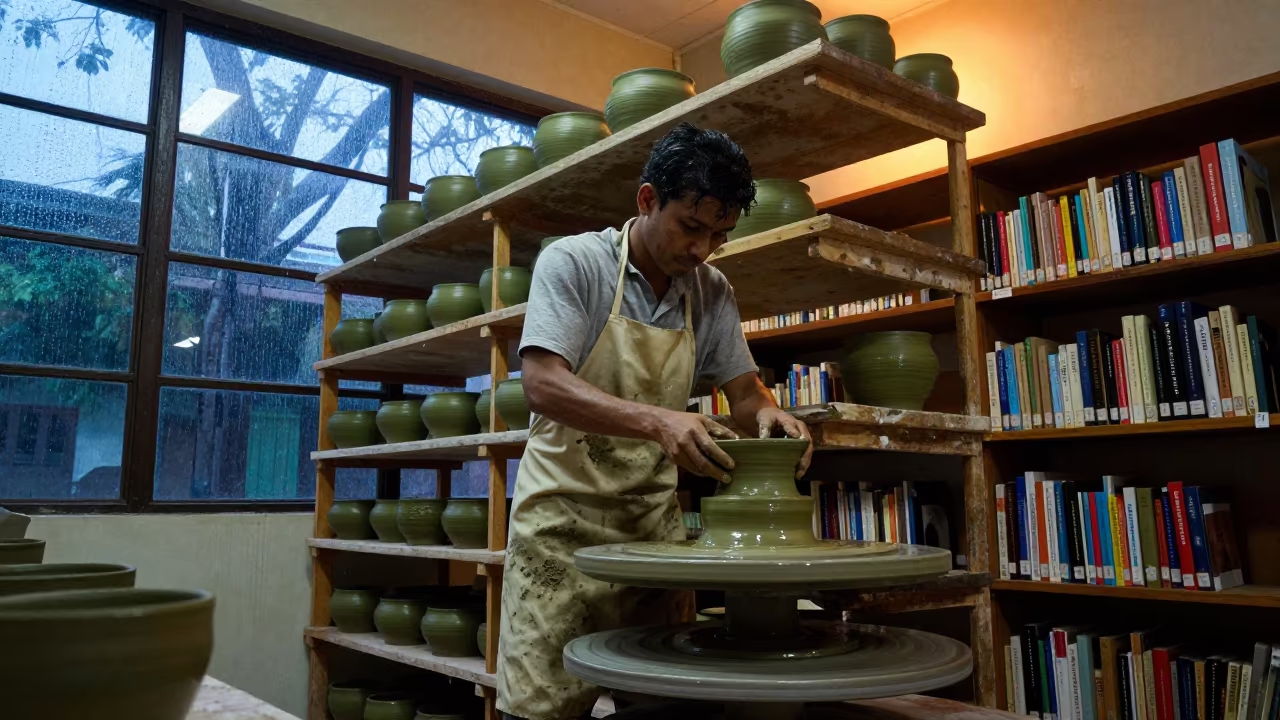 Potter Loading Kiln Shelves in Manta Library in in a library reading room in Manta