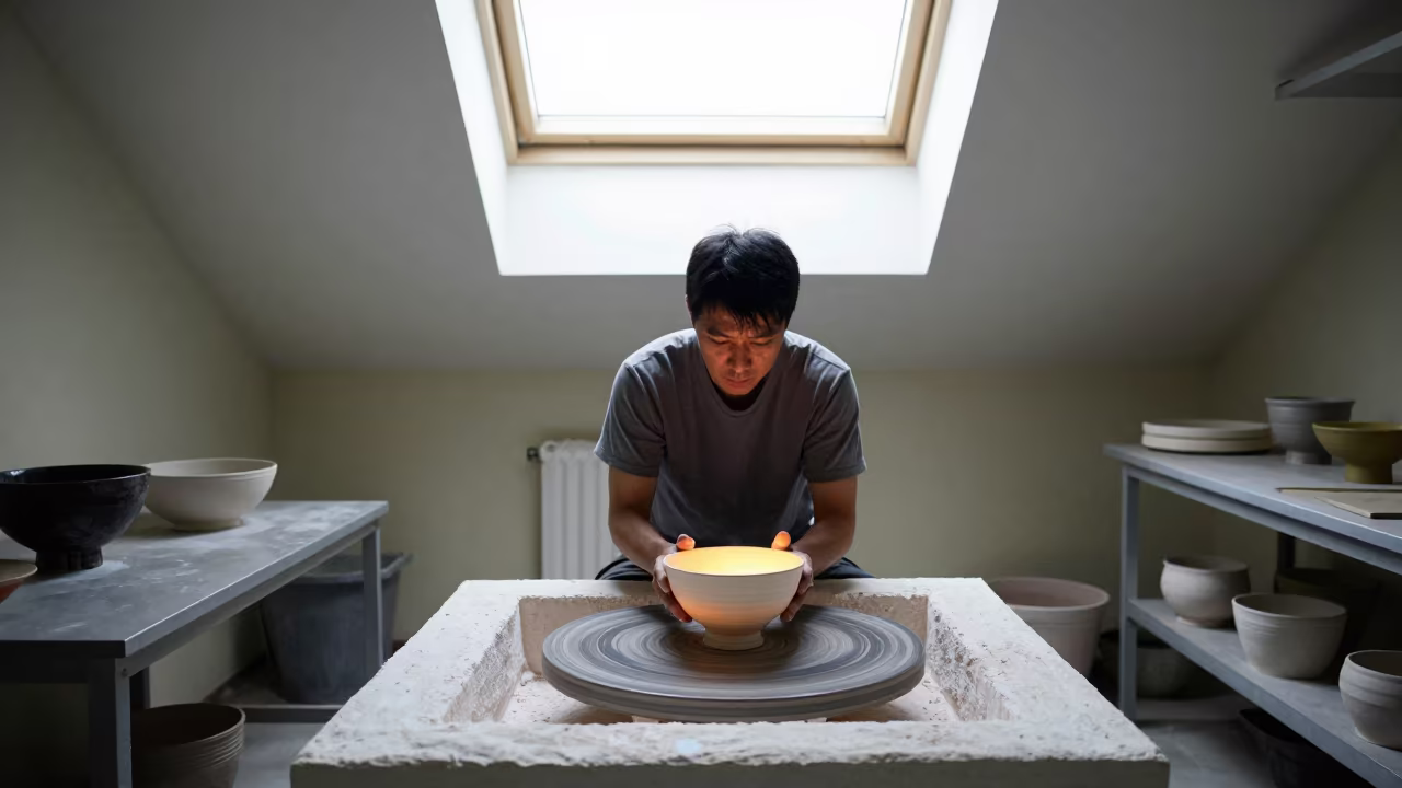 Potter Removes Raku Bowl from Kiln in Poznan Kitchen in in a kitchen in Poznan