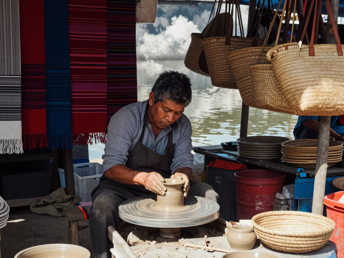 Potter Shapes Clay at Davao Textile Stall Midday in at a textile trader's stall in Davao