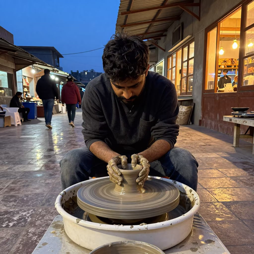 Potter Shaping Clay in Bharuch Market Hall in in a market hall in Bharuch