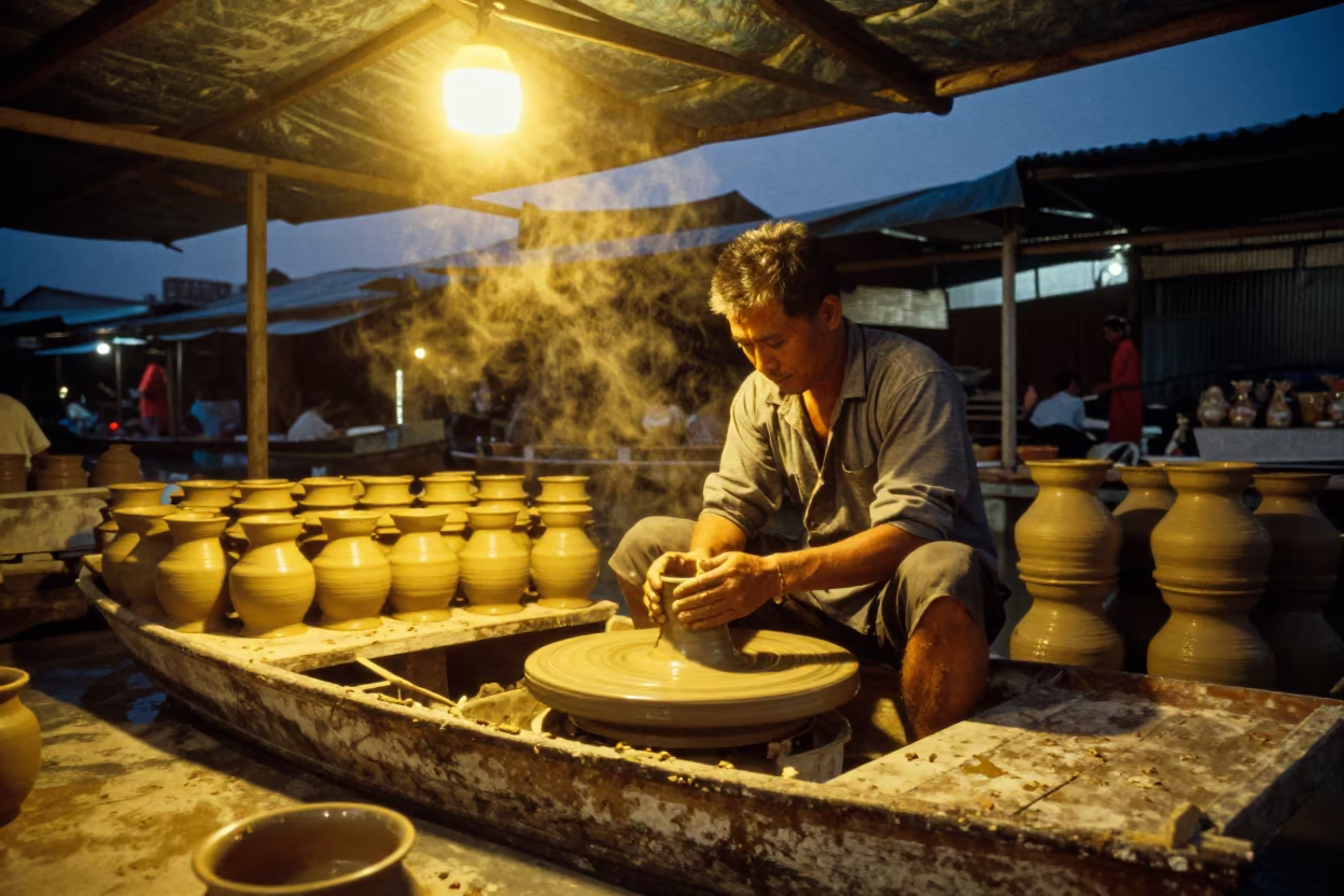Potter shaping clay on Guangzhou floating market boat in at a floating market boat in Guangzhou
