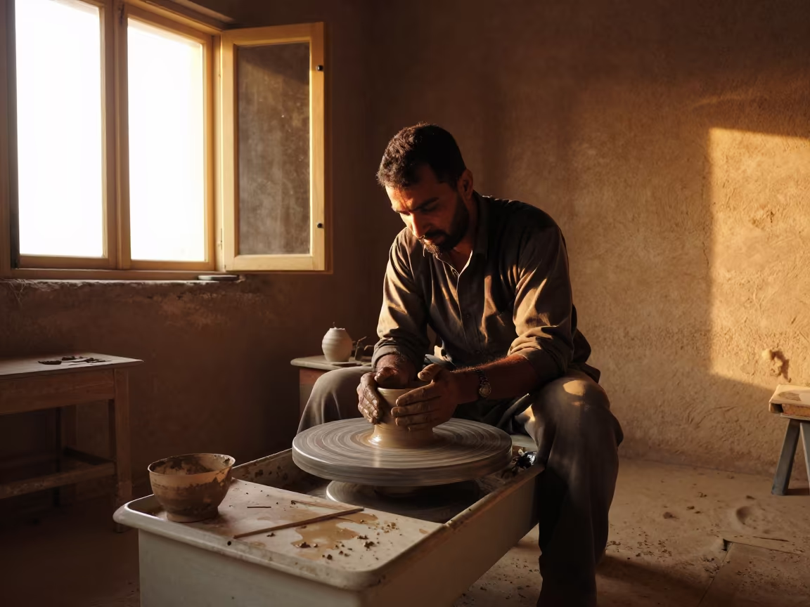 Potter Shaping Clay in Jalalabad Studio in in a studio in Jalalabad