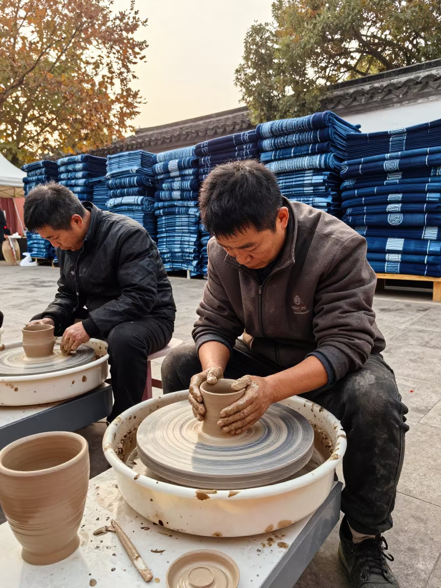 Potter Shaping Clay Suzhou Textile Market Stall in at a textile trader's stall in Suzhou
