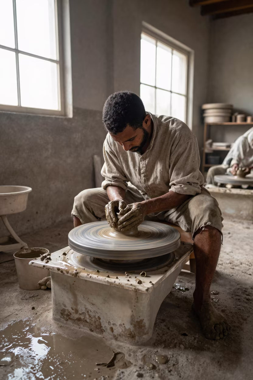 Potter Shaping Clay Wheel Foundry Aswan in in a foundry in Aswan