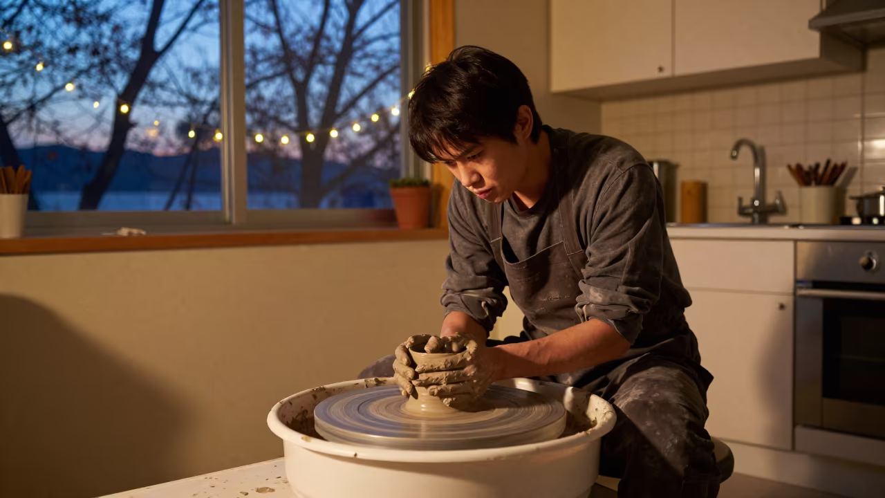 Potter Shaping Clay Wheel Kitchen Gwangalli in in a kitchen in Gwangalli, Busan