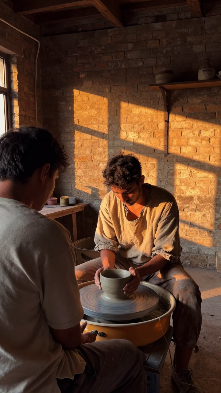 Potter Shaping Clay on Wheel at Sunset in in a warehouse loft in Bethlehem