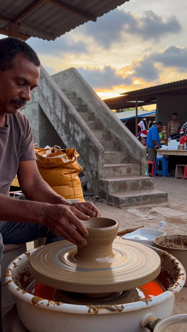 Potter Spinning Clay at Sunset Market Bimbo in at a spice vendor's table in Bimbo
