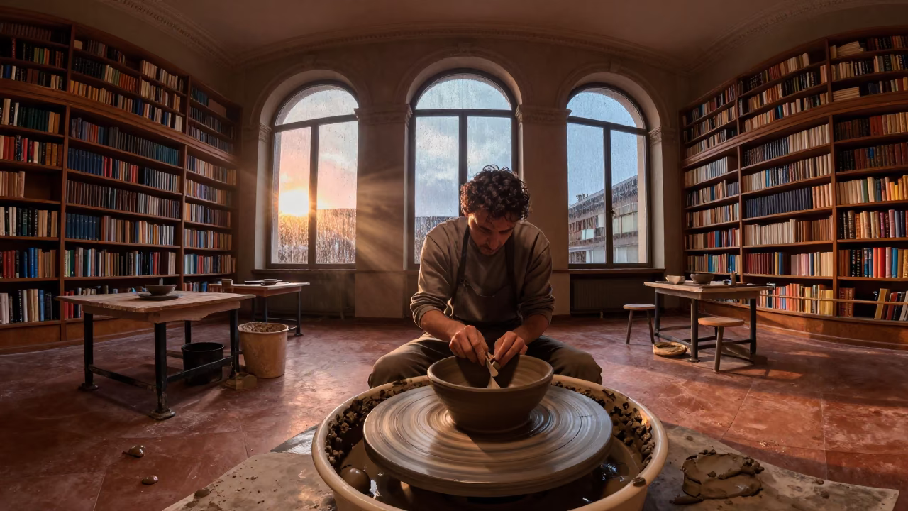 Potter Trimming Bowl in Milan Library in in a library reading room in Milan