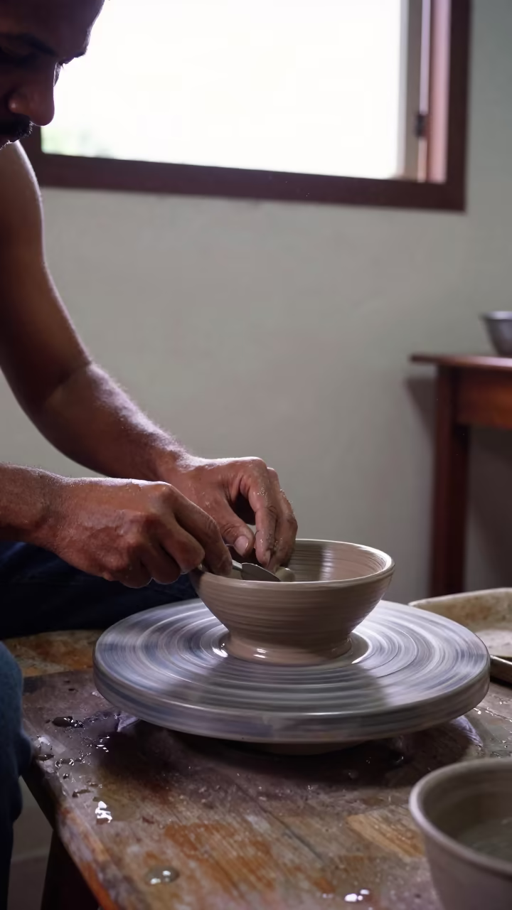 Potter Trimming Bowl on Spinning Wheel in Sao Luis Kitchen in in a kitchen in Sao Luis