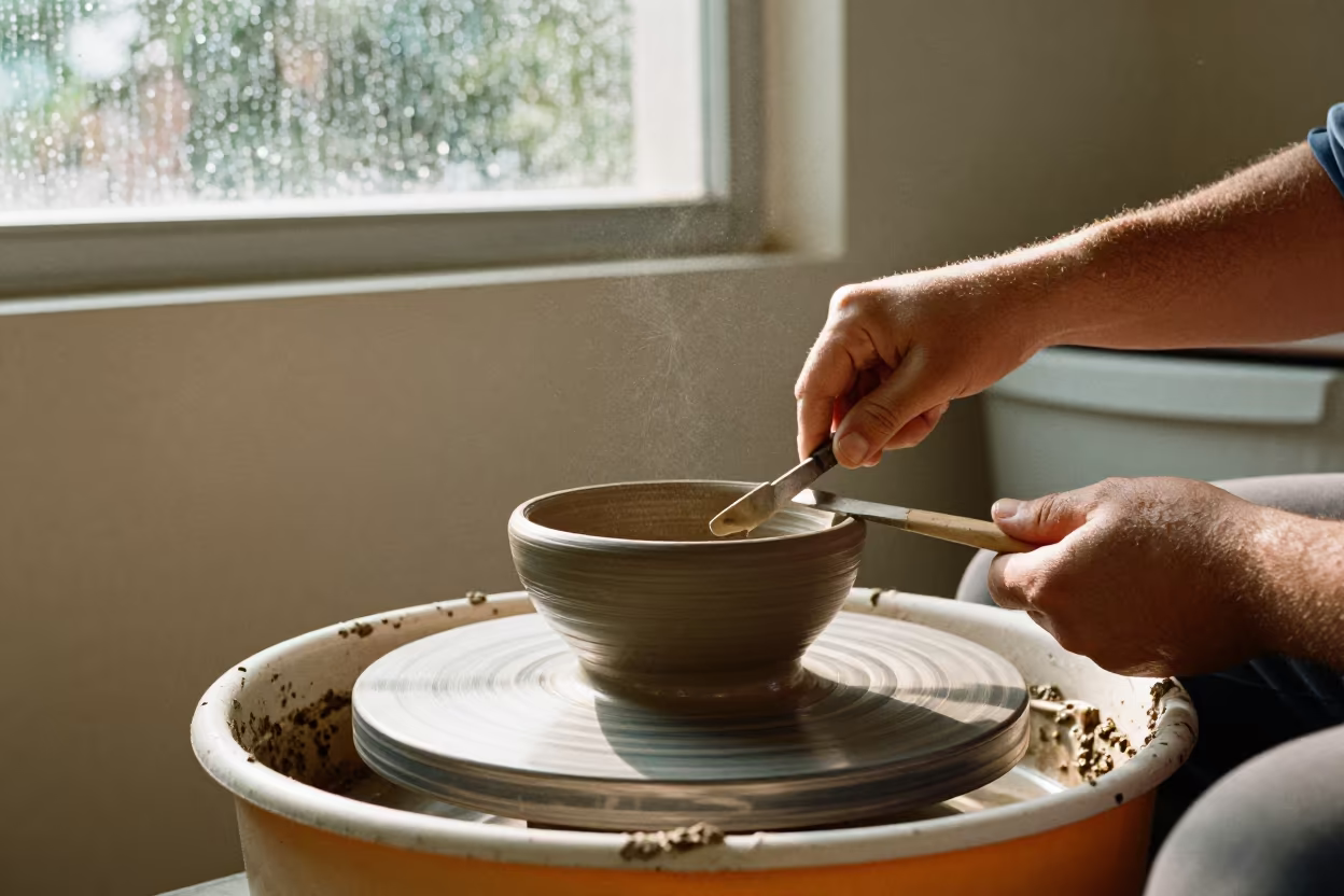 Potter Trims Bowl in Barbacena Studio Skylight in in a studio in Barbacena