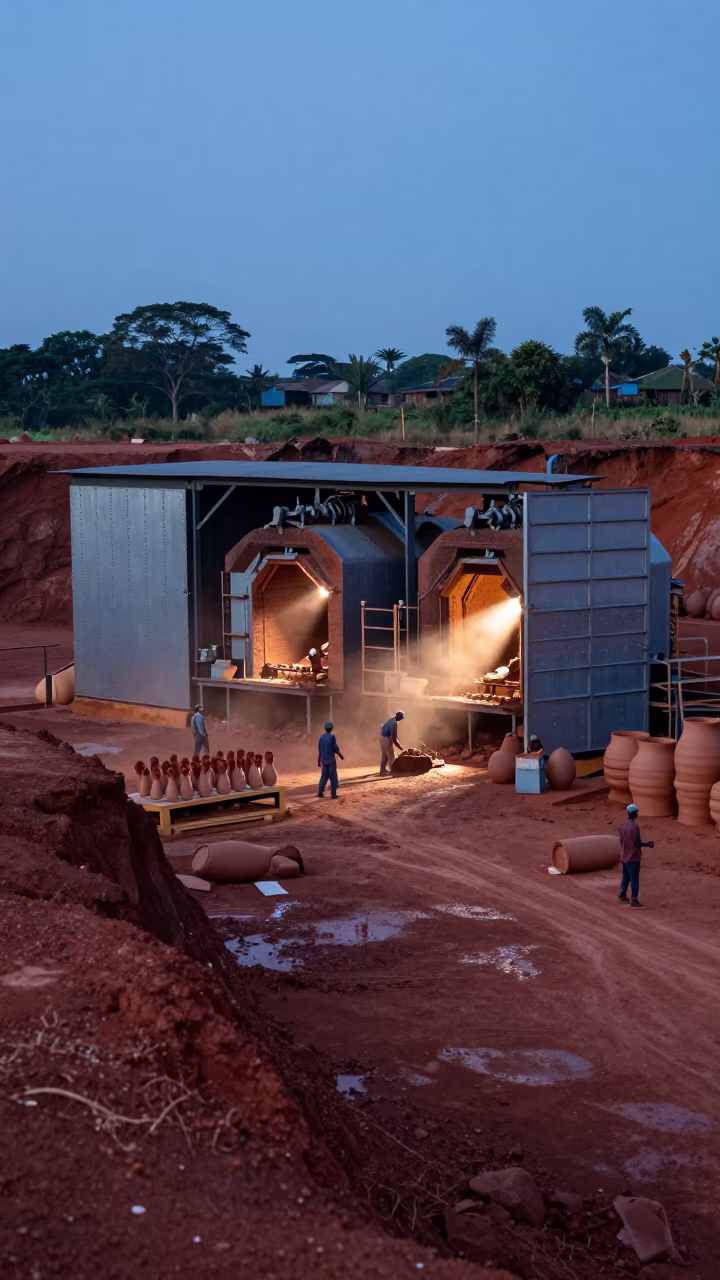 Pottery Kiln Loading at Dusk on Quarry Ledge in on a quarry ledge near Lubumbashi