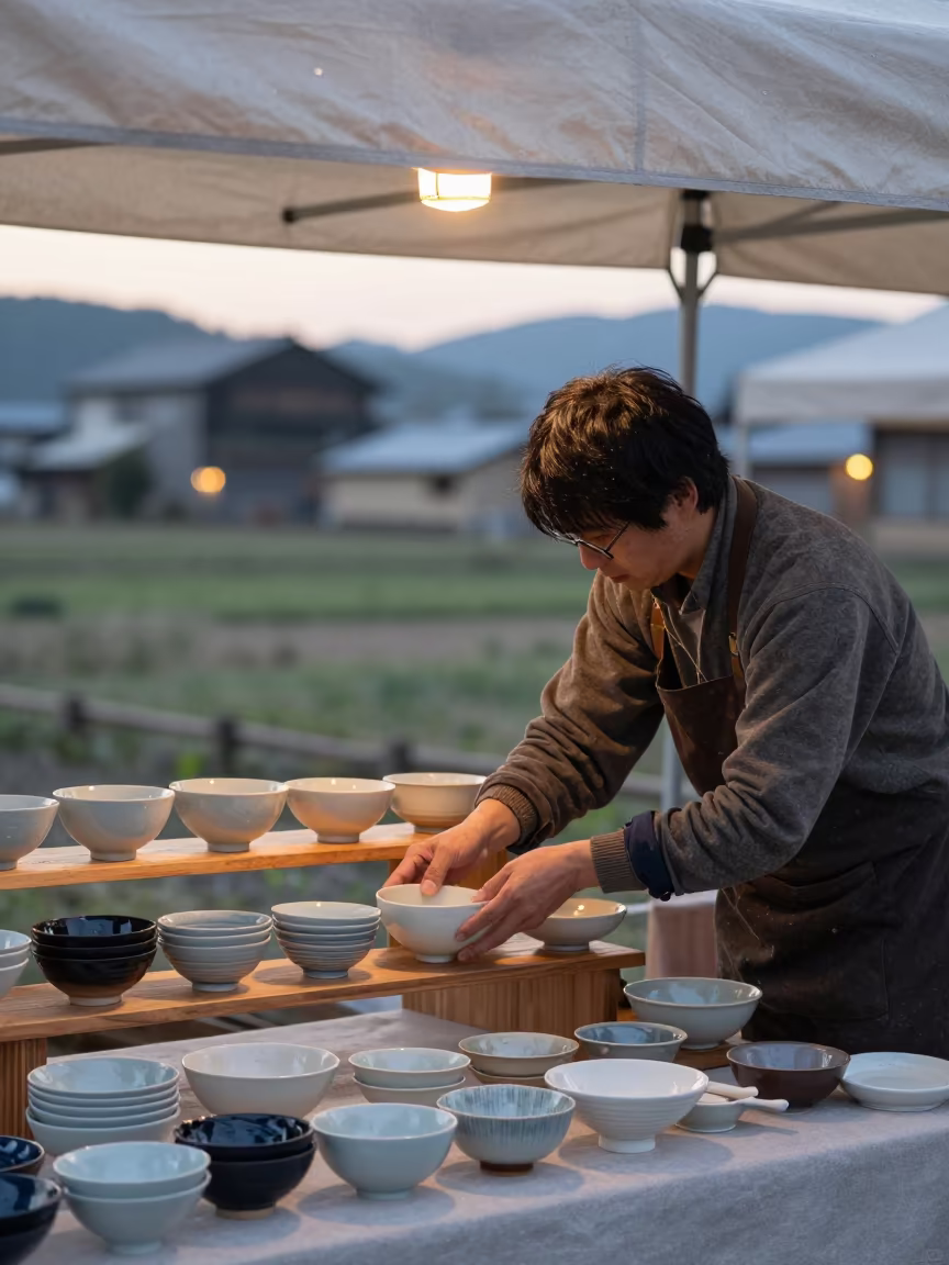 Pottery Vendor Arranging Bowls at Dawn Market in at a market stall in Okayama