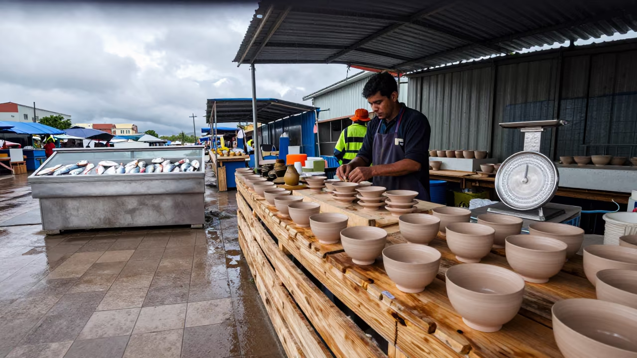 Pottery Vendor Beside Fish Counter in Monsoon Light in beside a fish counter in Victoria