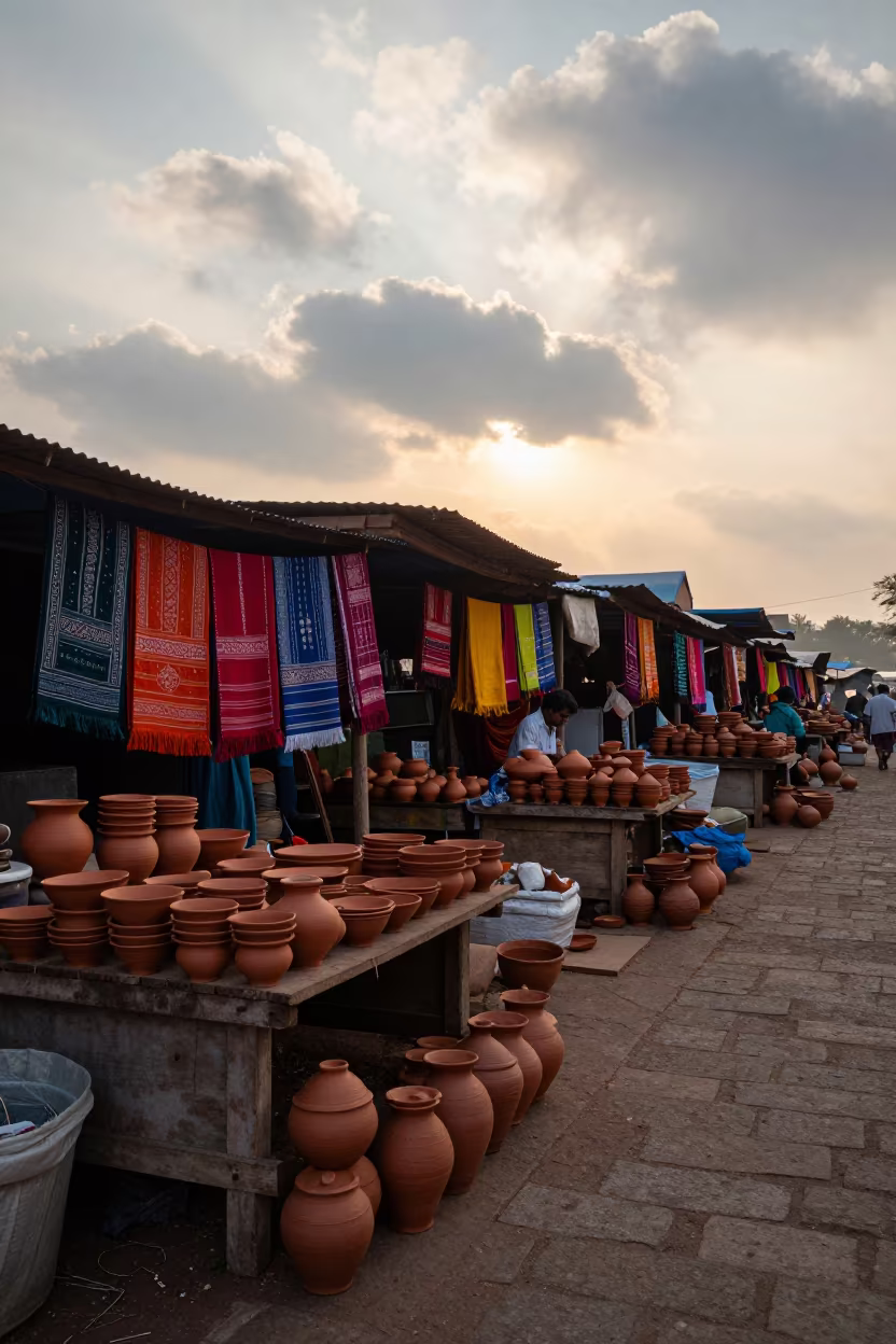 Pottery Vendor at Dawn in Mangalore Market in at a textile trader's stall in Mangalore