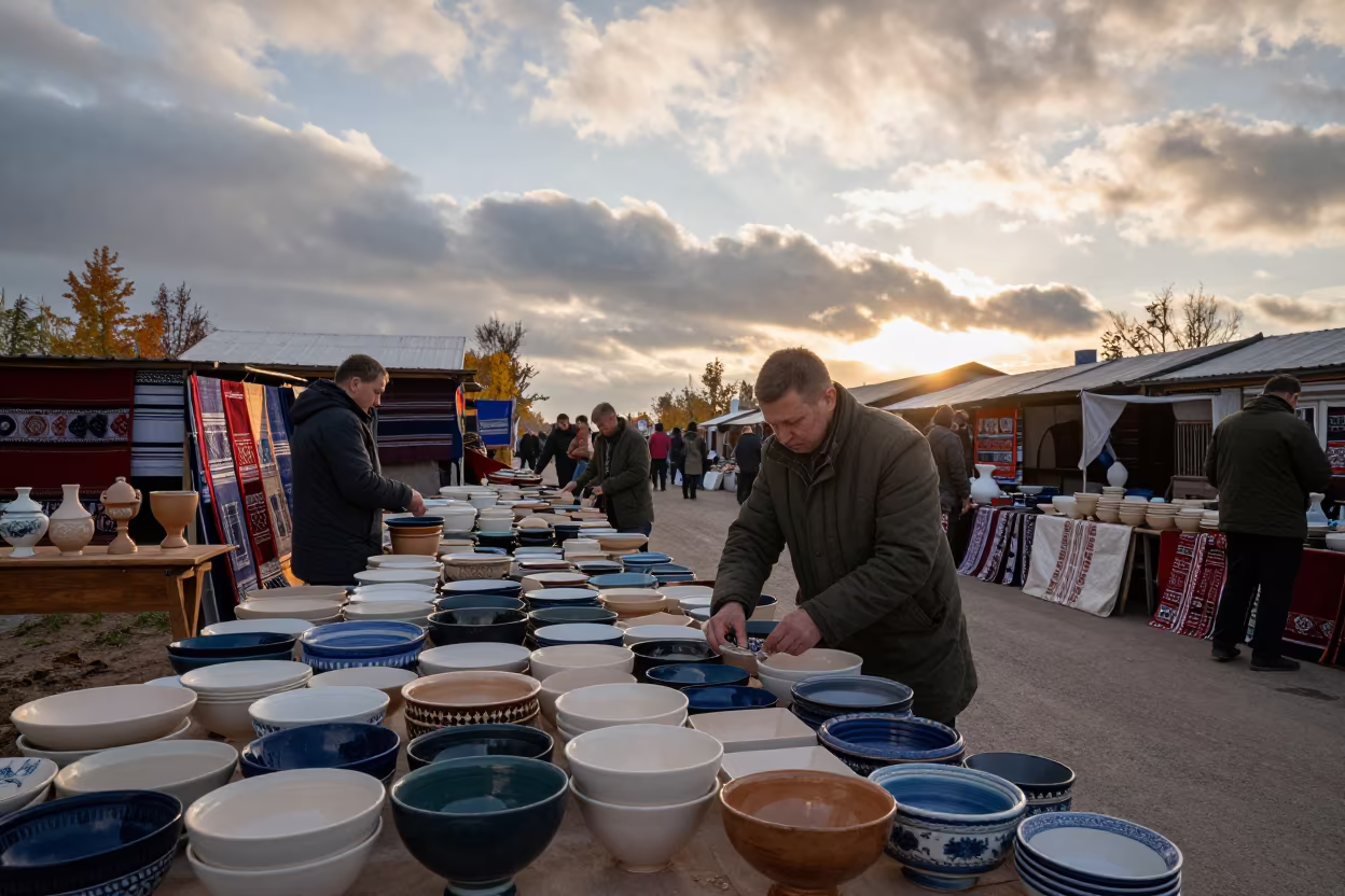 Pottery Vendor at Irkutsk Market Stall Before Dawn in at a textile trader's stall in Irkutsk