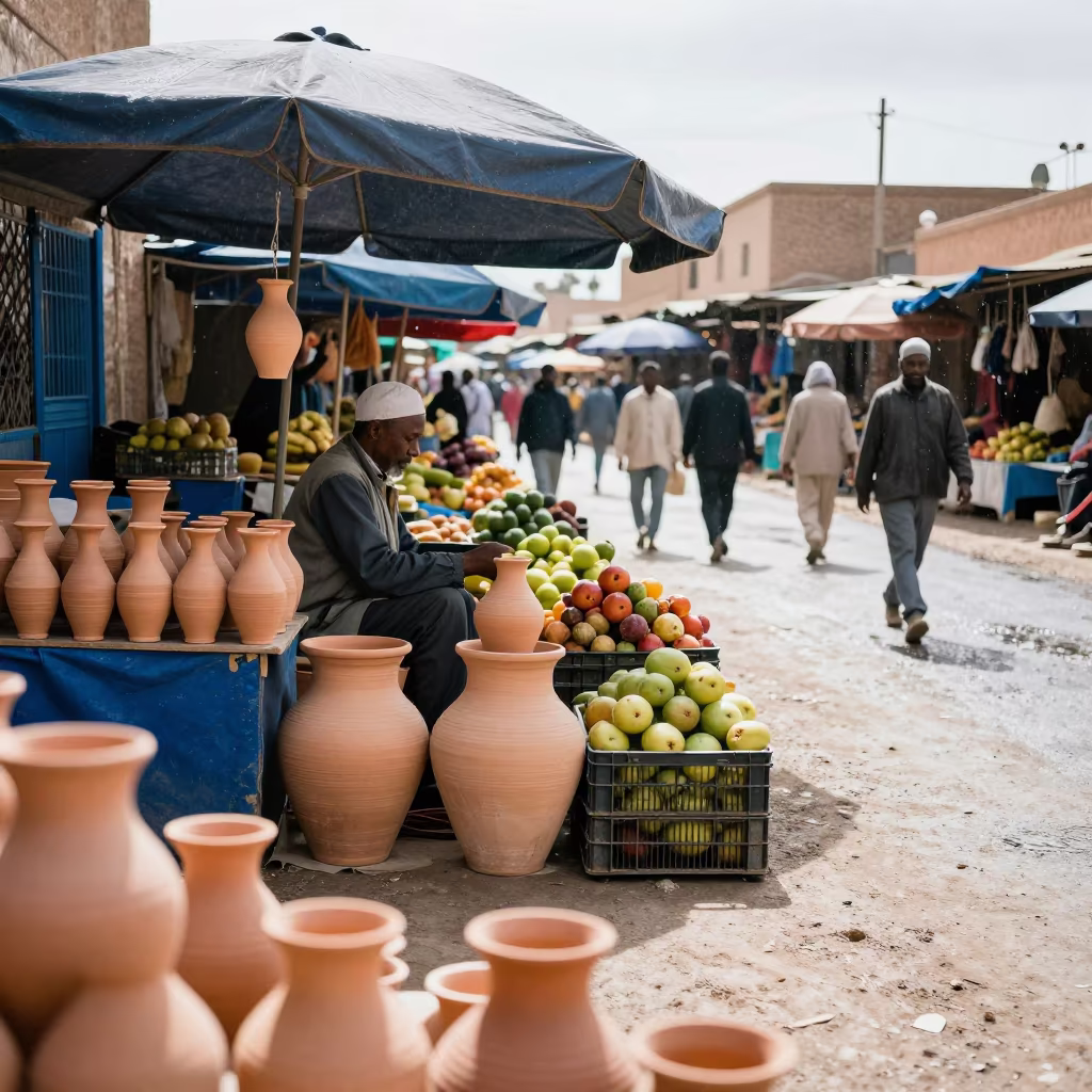 Pottery Vendor at Séguéla Market Stall in at a roadside fruit stand in Séguéla