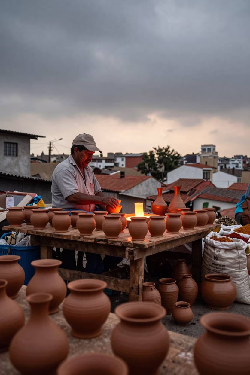 Pottery Vendor at Sunset in Lima Market in at a spice vendor's table in Barranco, Lima