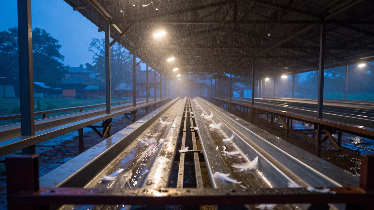 Poultry Feed Lines in Evening Haze in inside a shearing shed in Karnataka