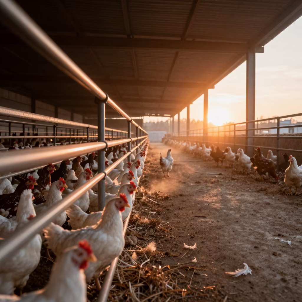 Poultry House Aisle Feed Lines Feathers Haze in in a stable aisle in Veneto