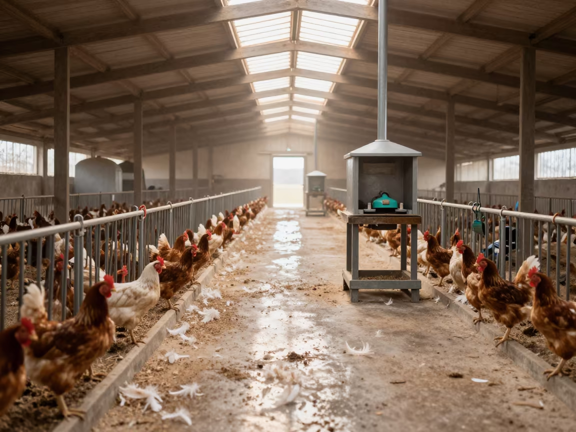 Poultry House Aisle with Feed Lines and Feathers in beside a veterinary crush in a barn in the French Riviera