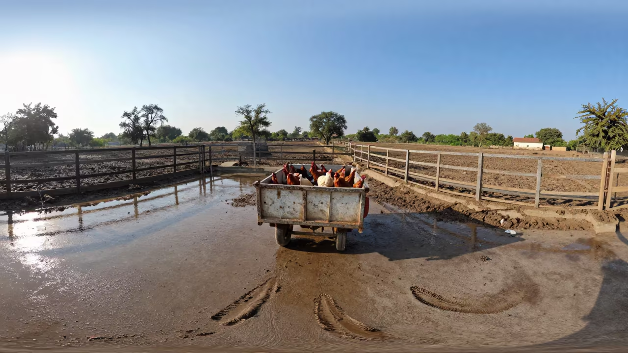 Poultry Mortality Cart Bay Wet Concrete Madhya Pradesh in along a muddy paddock fence in Madhya Pradesh
