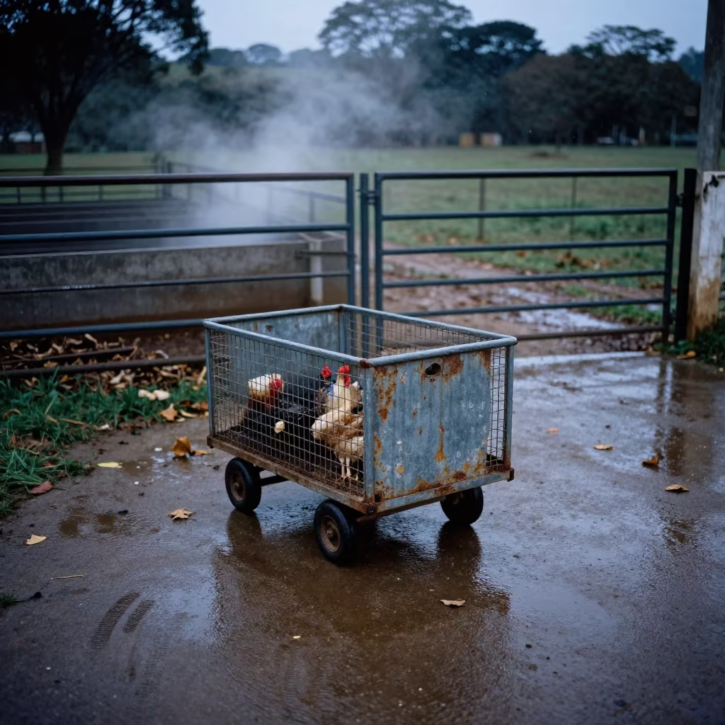 Poultry Mortality Cart Blue Hour Concrete in beside a pasture gate in São Paulo state