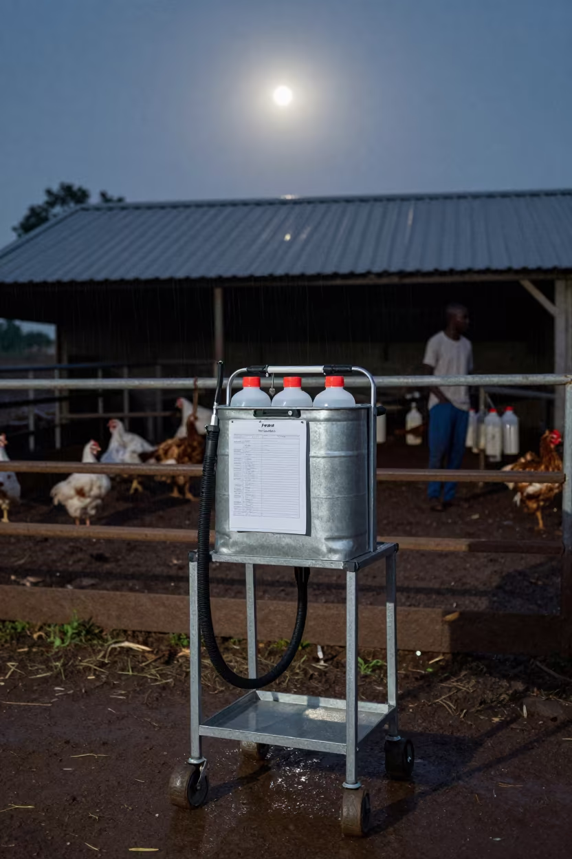 Poultry Vaccination Sprayer Stand in Senegal Night in inside a ranch corral in Senegal