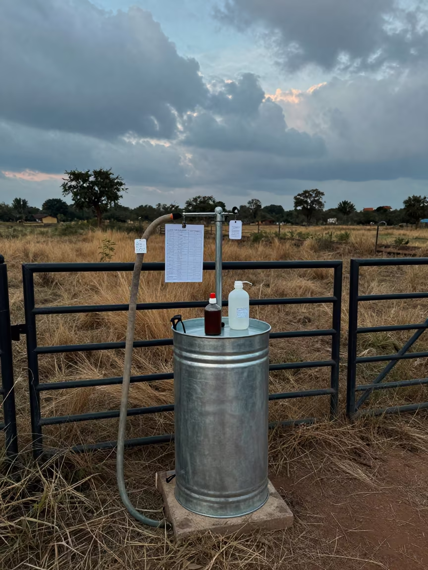 Poultry Vaccination Sprayer Stand at Twilight in beside a pasture gate in Telangana