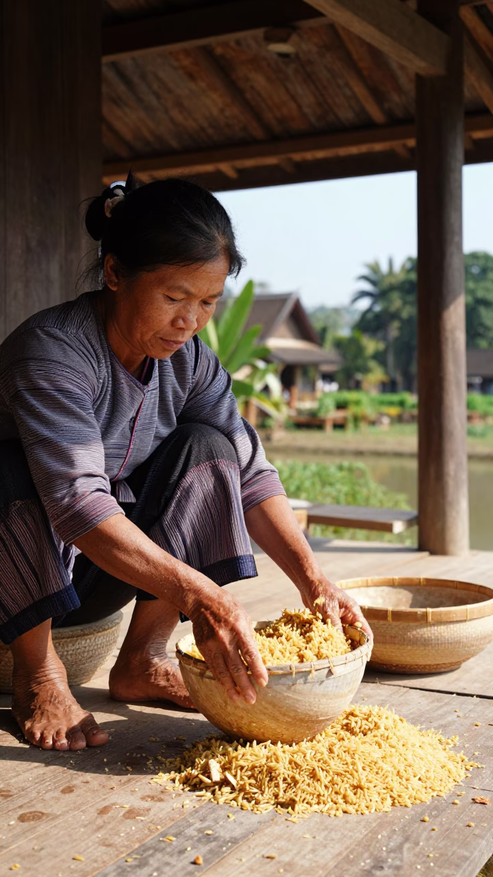 Pounding Rice in Luang Prabang in in Luang Prabang, Laos