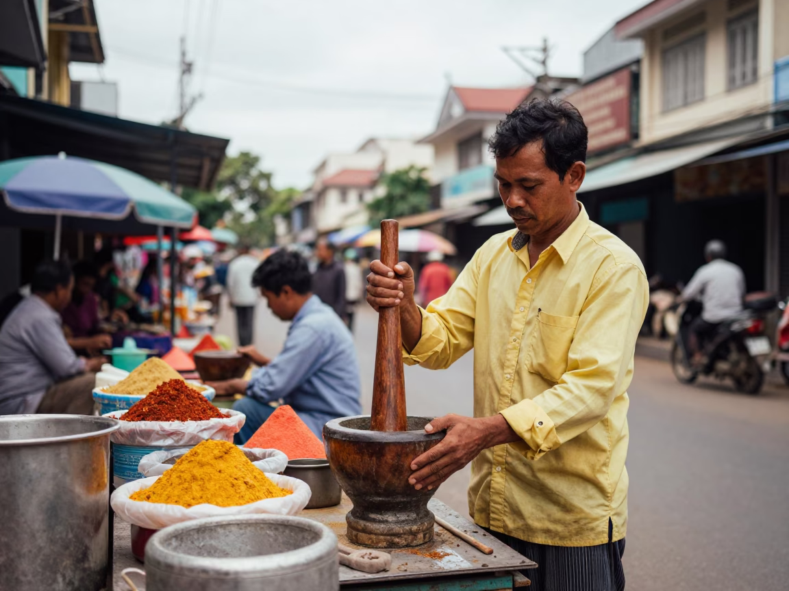 Pounding Spices in Phnom Penh in in Phnom Penh, Cambodia