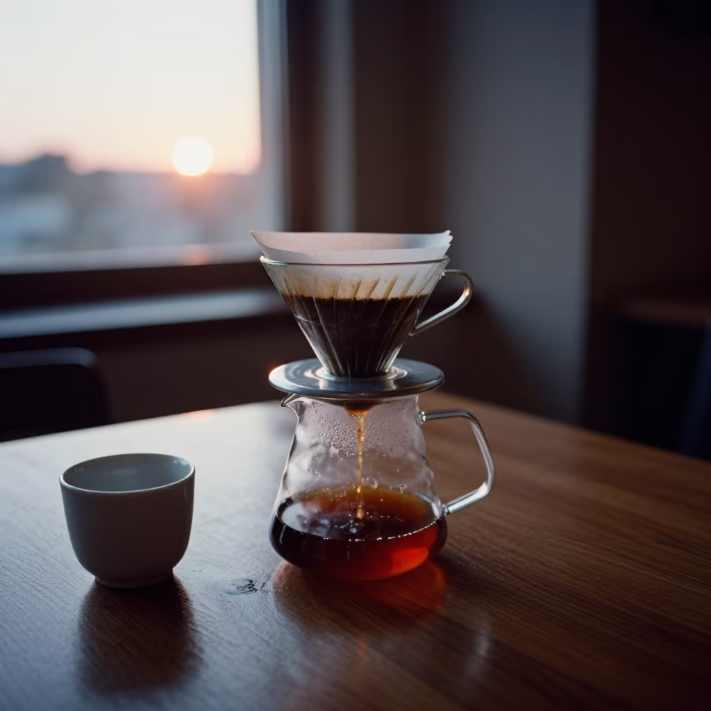 Pour Over Coffee Brewing in Lusaka Cafe in on a small cafe table by a window in Lusaka