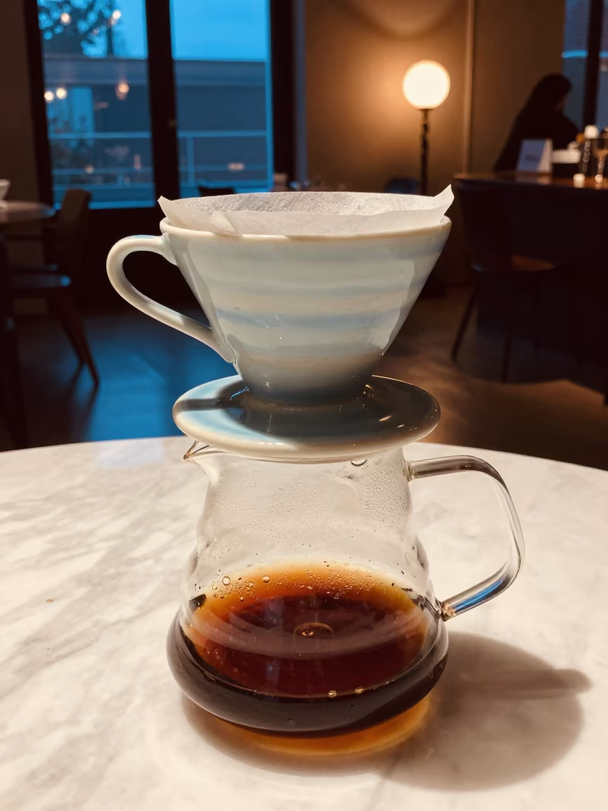 Pour Over Coffee Brewing on Marble Table in on a marble cafe table in Rimac, Lima