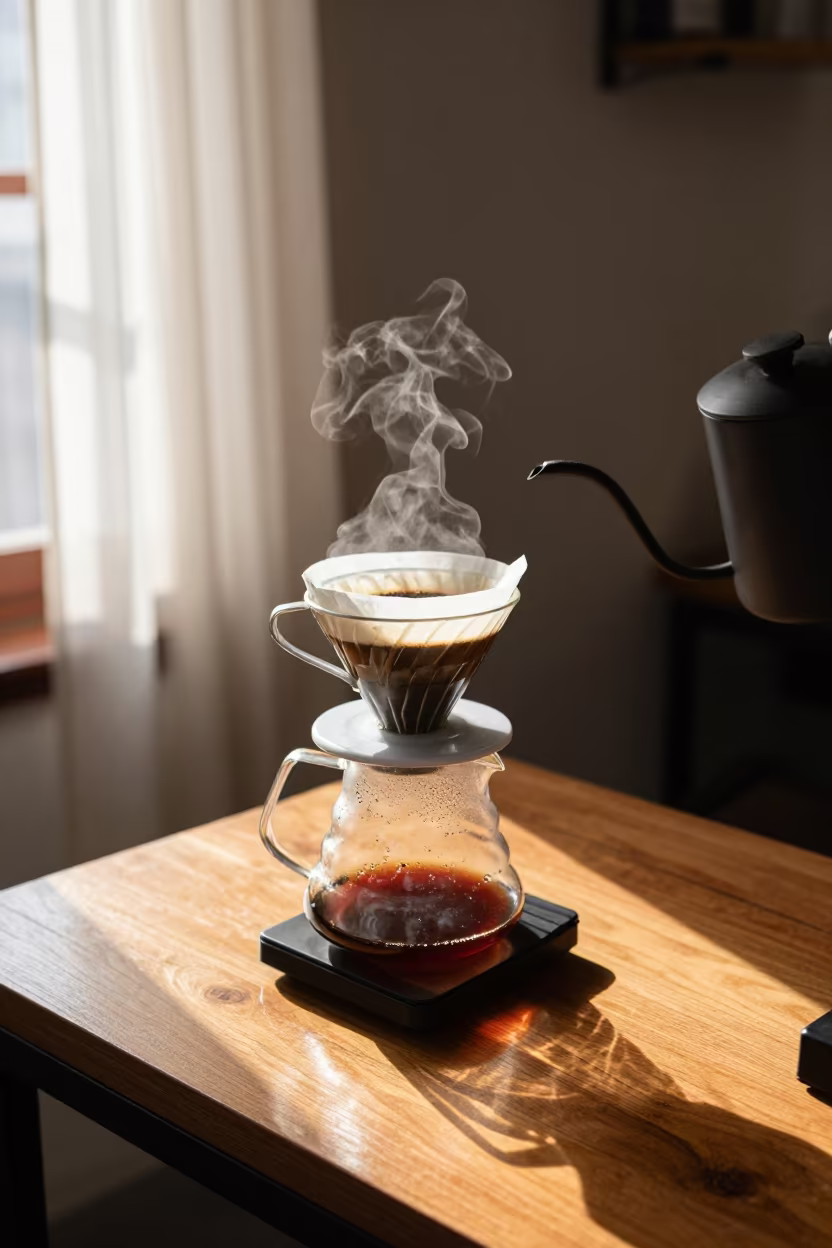 Pour Over Coffee Brewing in Rohtak Cafe in on a small cafe table by a window in Rohtak