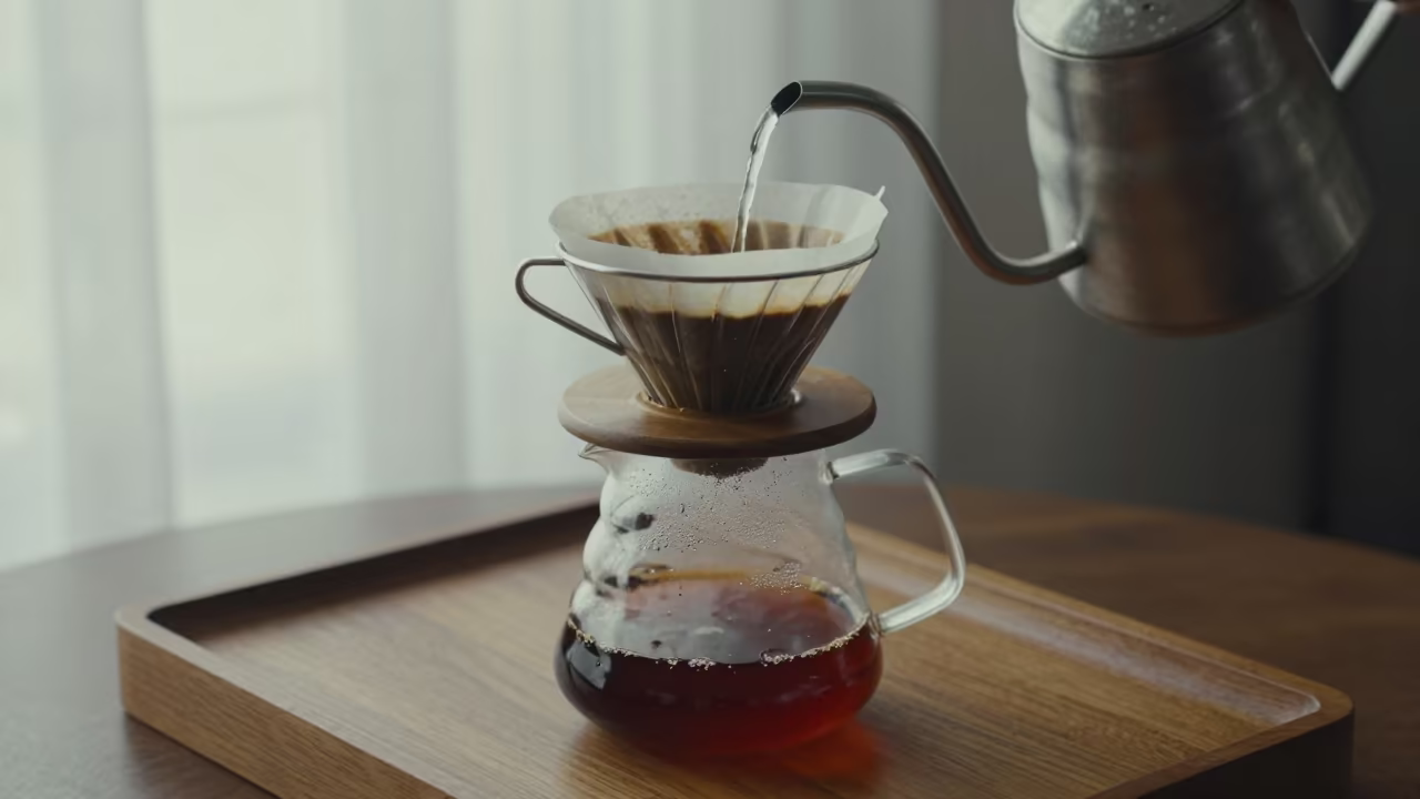 Pour Over Coffee Brewing On Tea House Tray in on a tea house tray in Centro, Granada